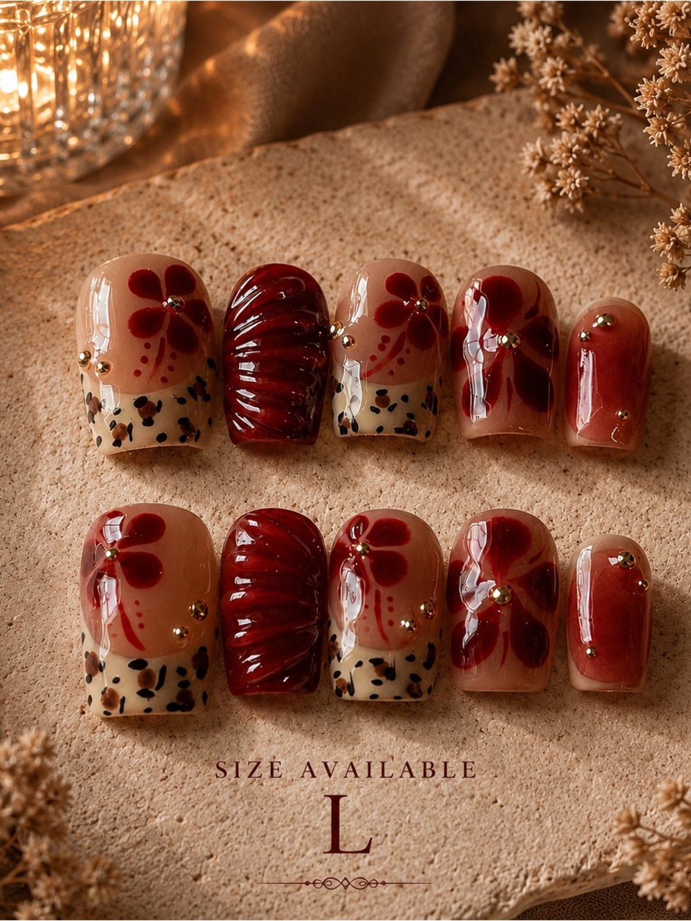 Hand-Painted Burgundy Floral Press-On Nails -